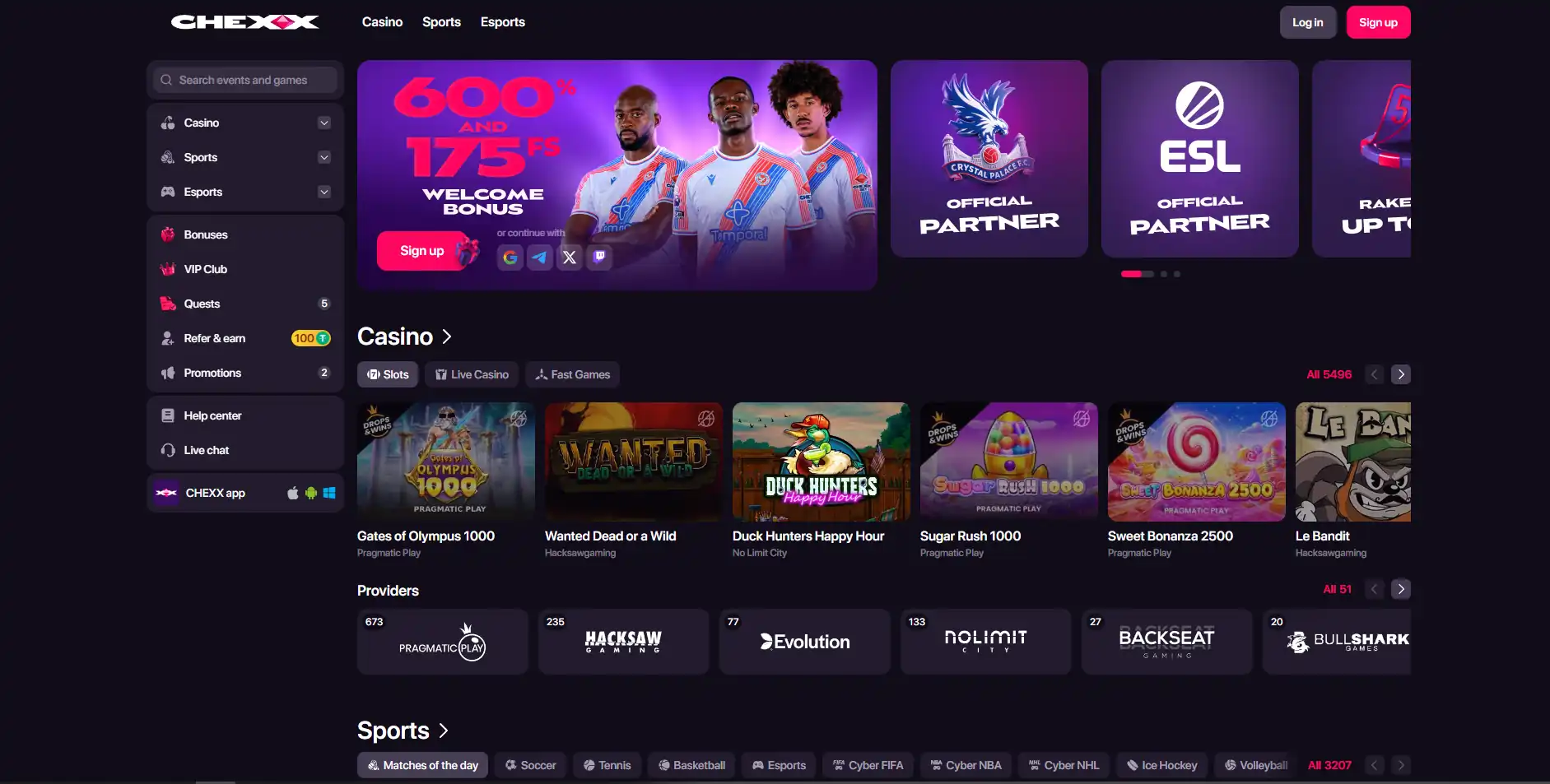 Tangkapan layar navigasi sportsbook dan esports CHEXX