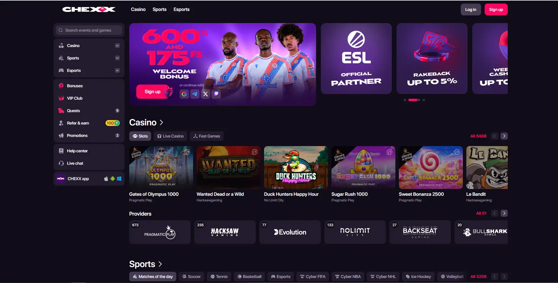 Tampilan beranda resmi CHEXX dengan navigasi kasino dan sportsbook
